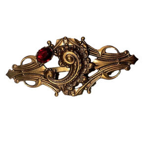 𝅺vtg Brass Filigree Red Crystal Brooch 1.9”